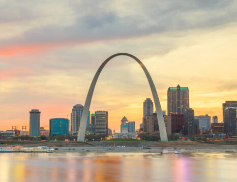 City of St. Louis skyline. Image of St. Louis downtown at twilight.