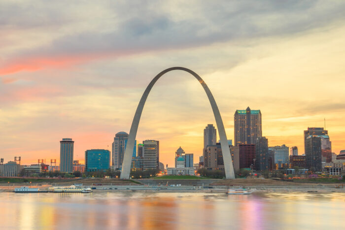 City of St. Louis skyline. Image of St. Louis downtown at twilight.