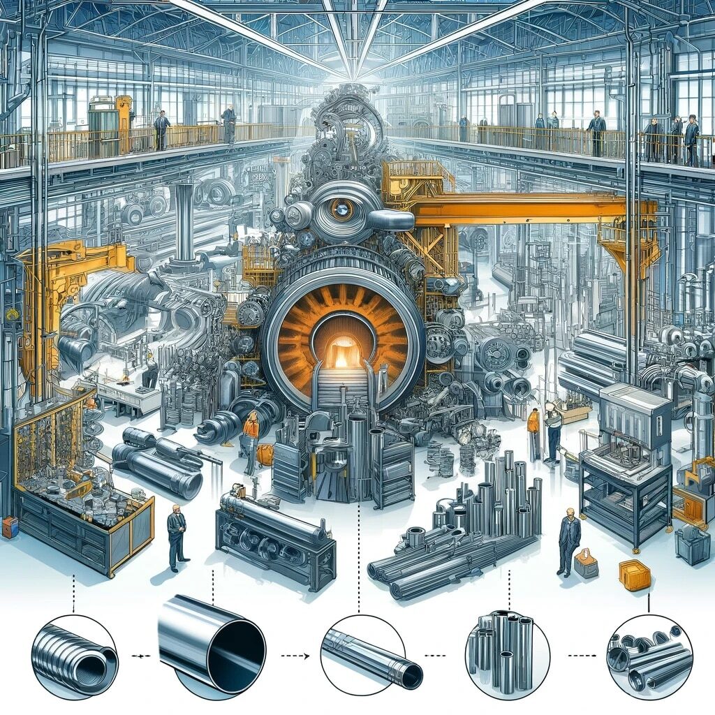 How Are Specialty Pipe and Tube Made - Illustrate the manufacturing process of specialty pipe and tube for the blog post. The image should encompass the key stages of production, including